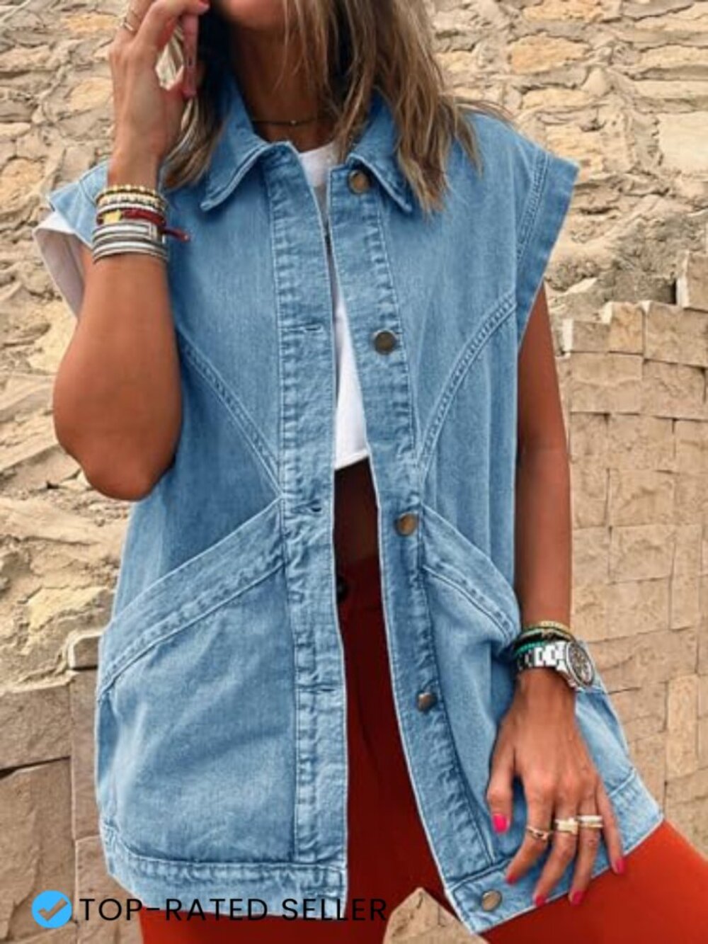 Oversized Sleeveless Denim Vest Classic Button Down Casual Utility Lapel Jean - Picture 4 of 7